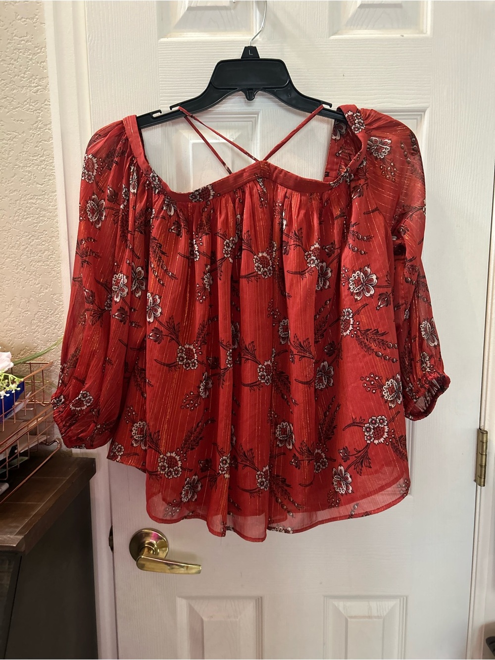 Ann Taylor Red Floral Off-Shoulder Blouse with Crisscross Straps size medium